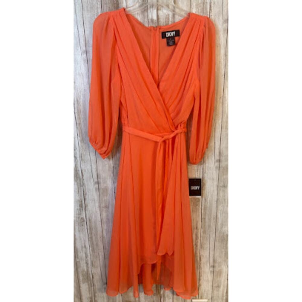 DKNY Coral Chiffon‎ 3/4 Sleeve Tie-Waist High-Low Midi Dress Size 6 NWT